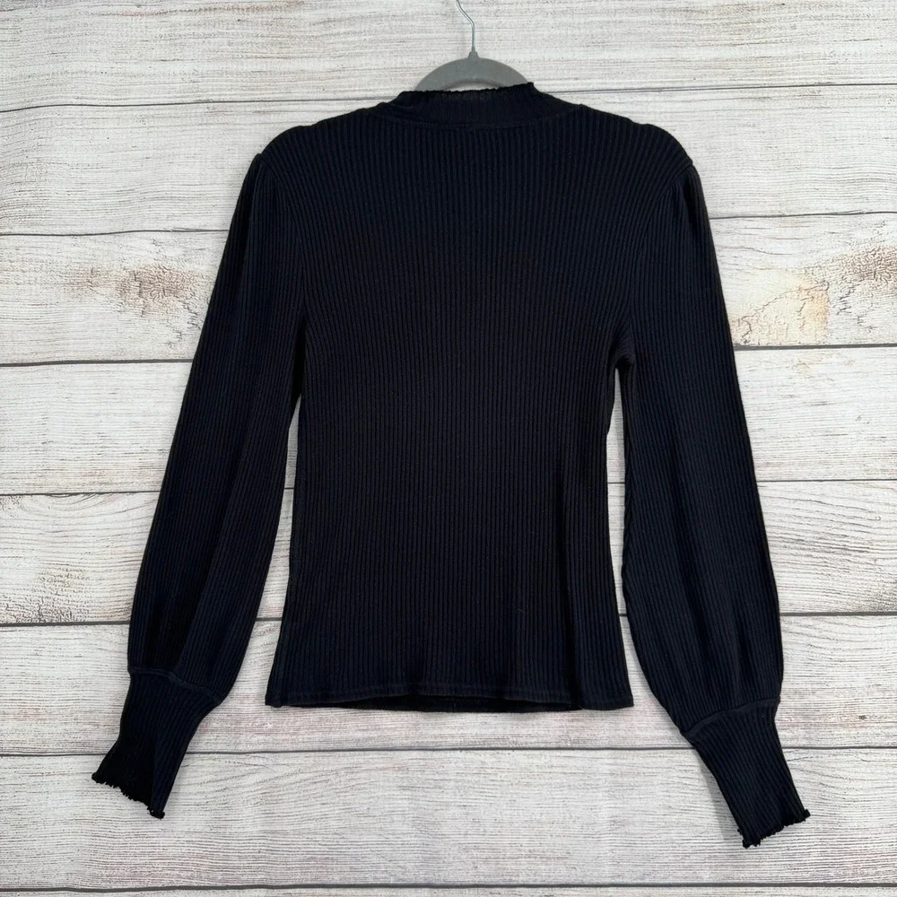 Free People Top Women S Black Ruffle Mock Neck Puff Sleeve Ribbed Knit